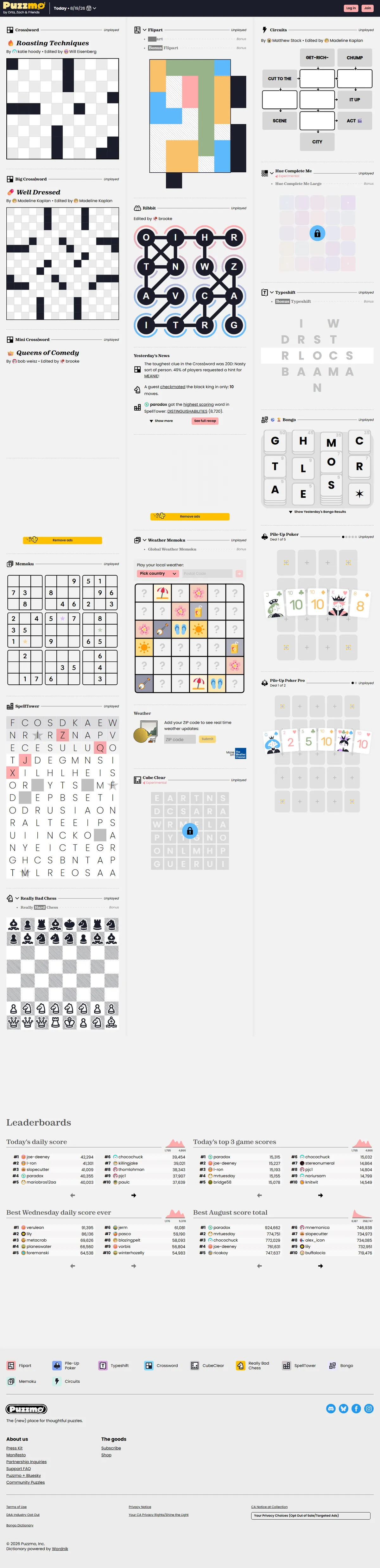 Full page of puzzmo.com