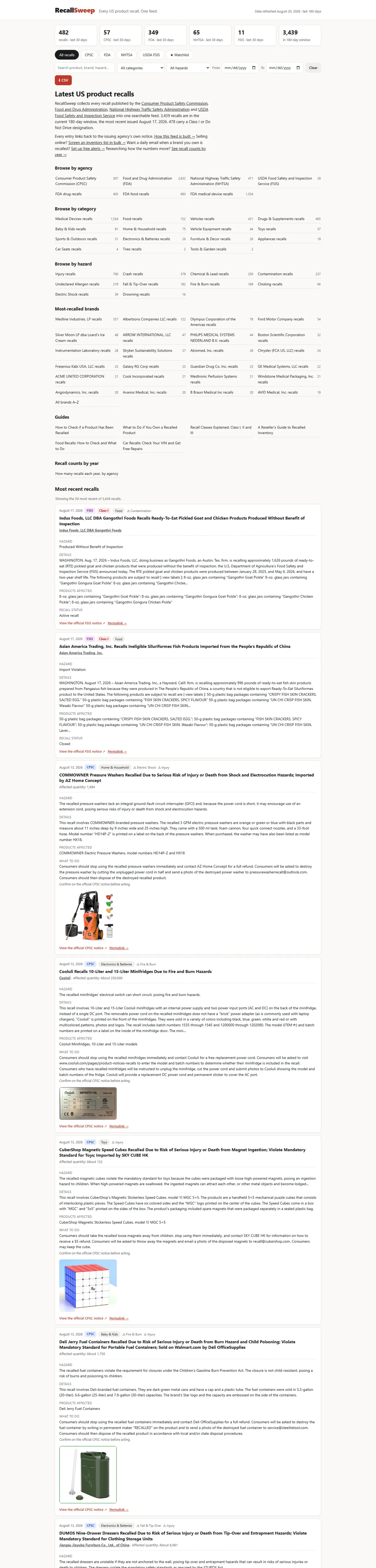 Full page of recallsweep.com