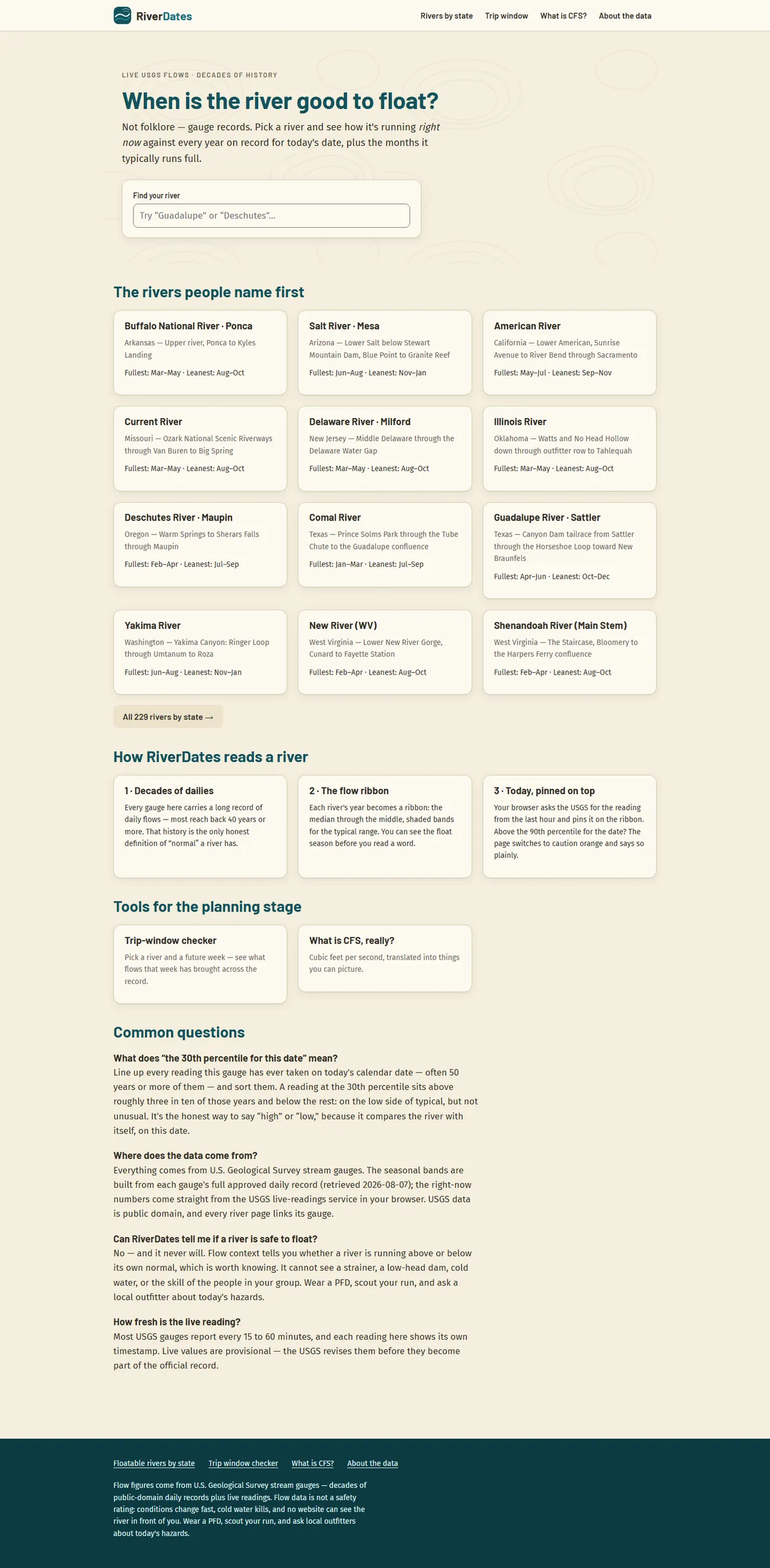 Full page of riverdates.com