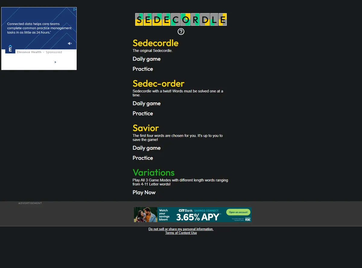 Full page of sedecordle.com