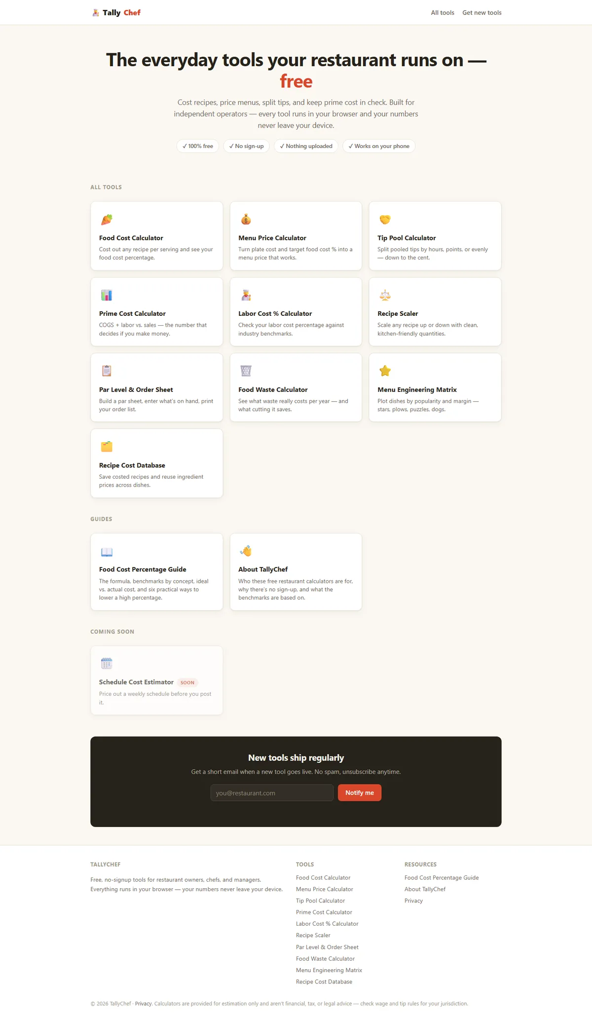Full page of tallychef.com
